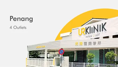 UR Klinik Penang outlet shopfront (official 'Penang 4 Outlets' banner)